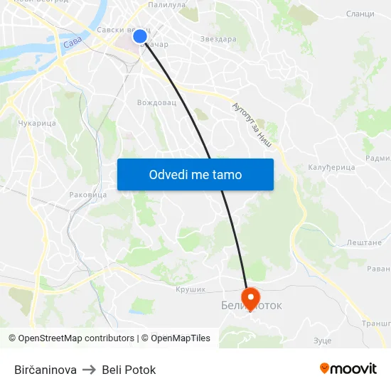 Birčaninova to Beli Potok map