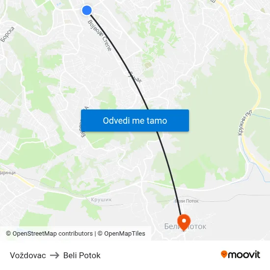 Voždovac to Beli Potok map