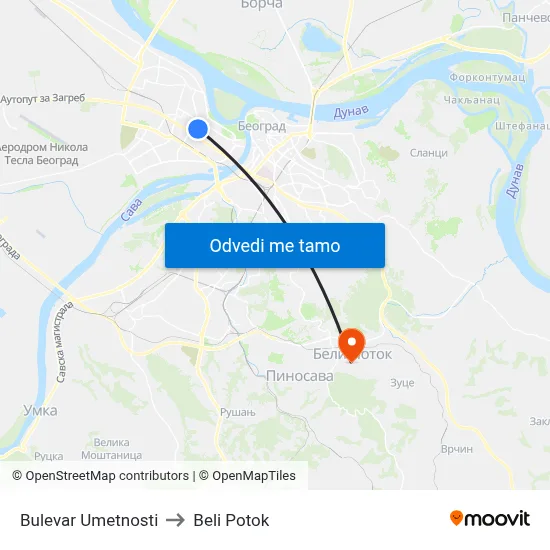 Bulevar Umetnosti to Beli Potok map