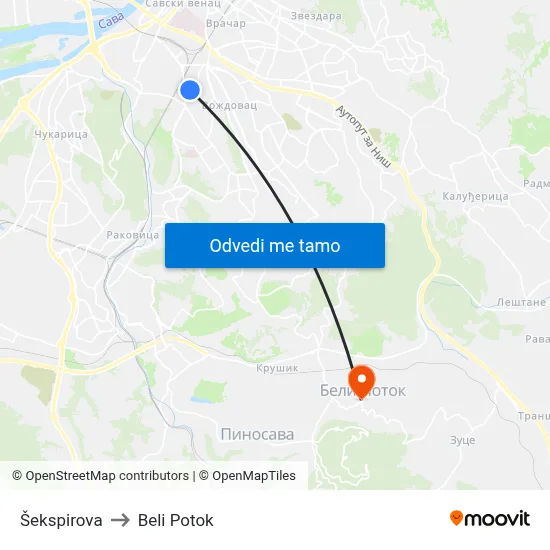 Šekspirova to Beli Potok map