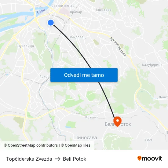 Топчидерска Звезда to Beli Potok map