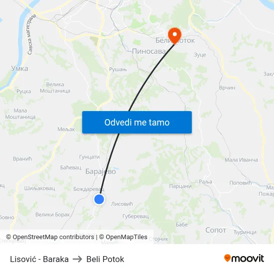 Lisović - Baraka to Beli Potok map