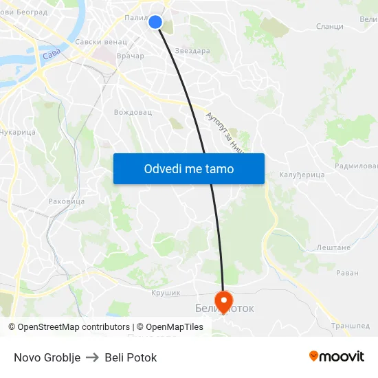 Novo Groblje to Beli Potok map
