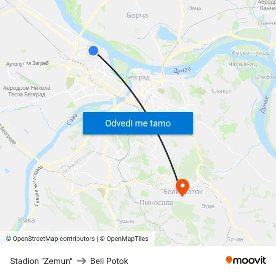 Стадион "Земун" to Beli Potok map