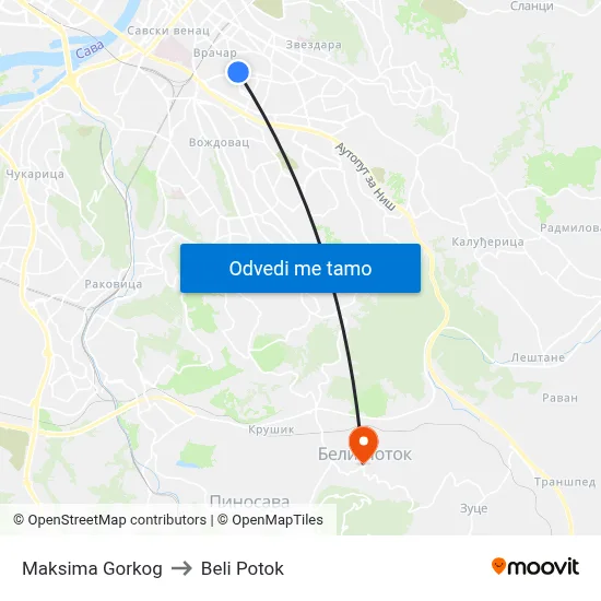 Maksima Gorkog to Beli Potok map