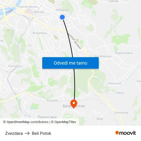 Zvezdara to Beli Potok map