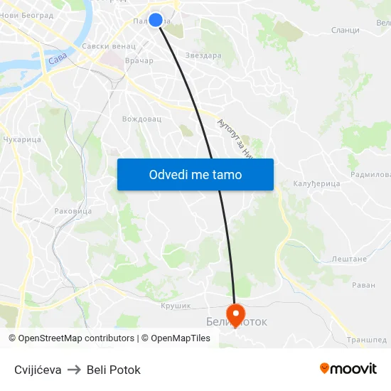 Cvijićeva to Beli Potok map