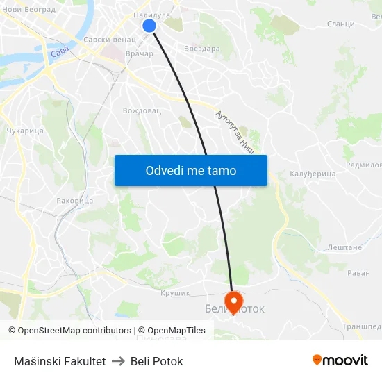 Mašinski Fakultet to Beli Potok map