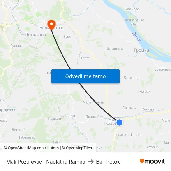Mali Požarevac - Naplatna Rampa to Beli Potok map