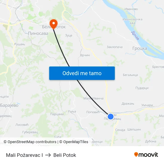 Mali Požarevac I to Beli Potok map