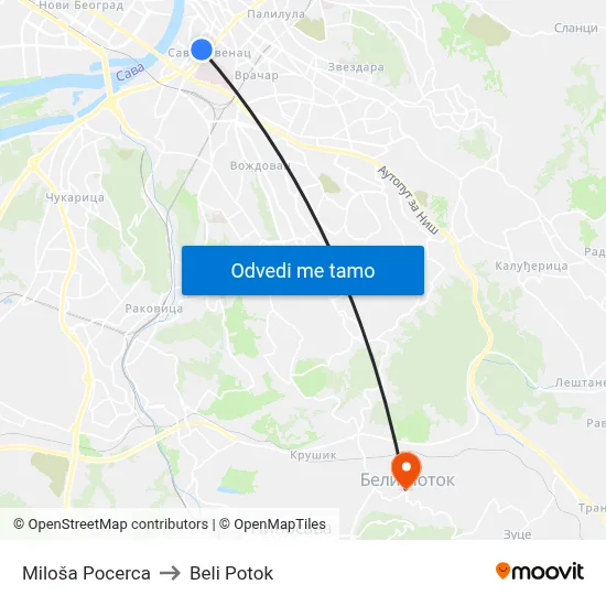 Милоша Поцерца to Beli Potok map