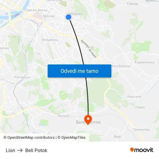 Lion to Beli Potok map