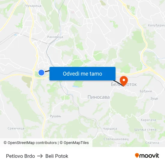 Petlovo Brdo to Beli Potok map