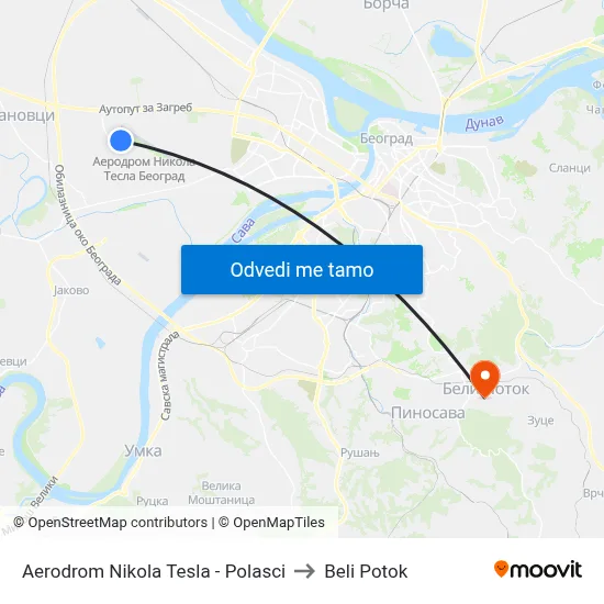 Aerodrom Nikola Tesla - Polasci to Beli Potok map