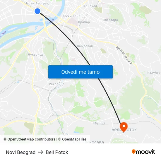 Novi Beograd to Beli Potok map