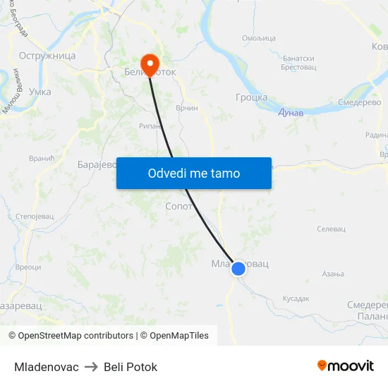 Mladenovac to Beli Potok map