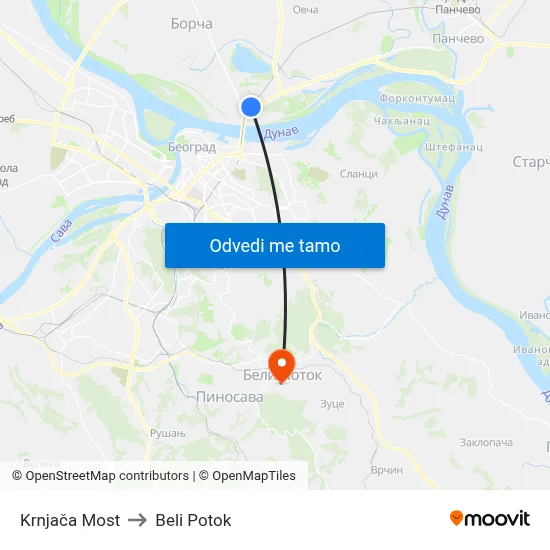 Krnjača Most to Beli Potok map