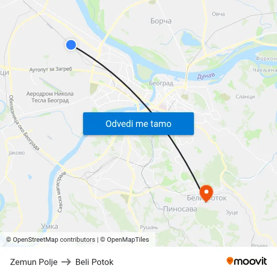 Zemun Polje to Beli Potok map
