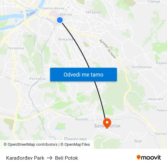 Karađorđev Park to Beli Potok map