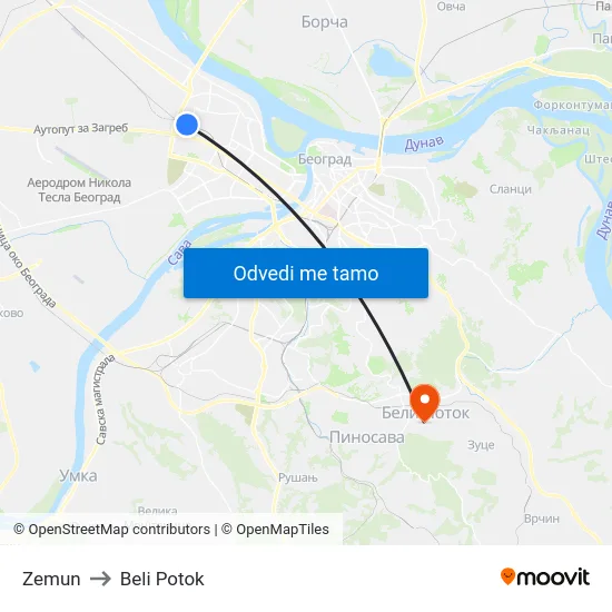 Zemun to Beli Potok map
