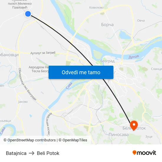 Batajnica to Beli Potok map