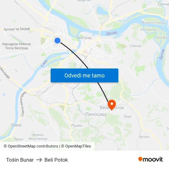 Tošin Bunar to Beli Potok map