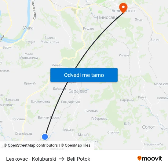 Leskovac - Kolubarski to Beli Potok map