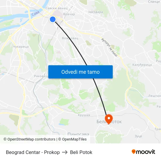 Beograd Centar - Prokop to Beli Potok map