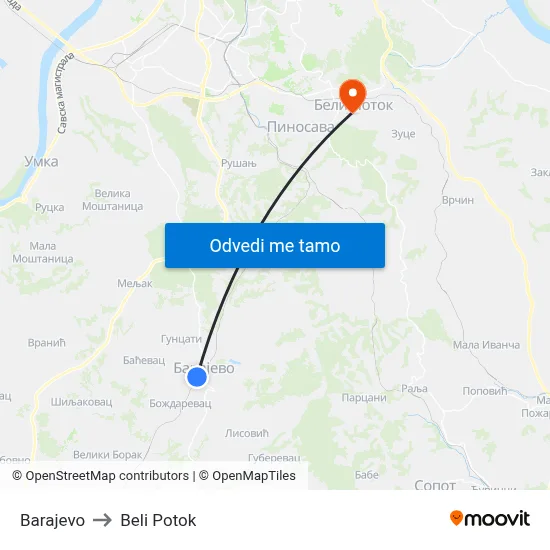 Barajevo to Beli Potok map