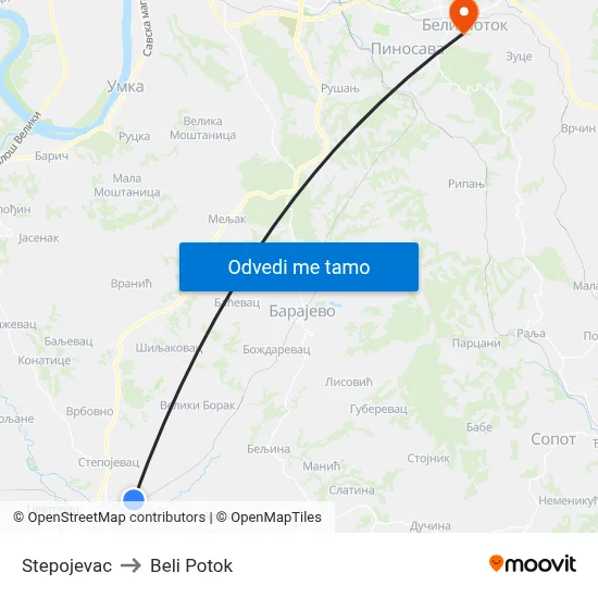 Stepojevac to Beli Potok map