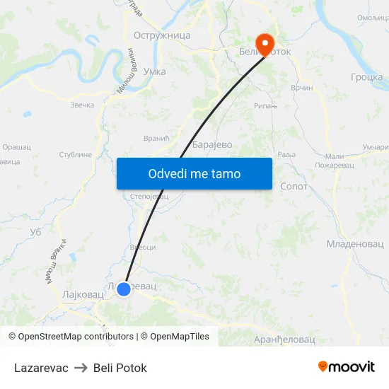 Lazarevac to Beli Potok map
