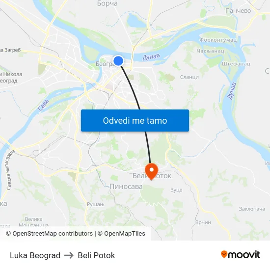 Luka Beograd to Beli Potok map