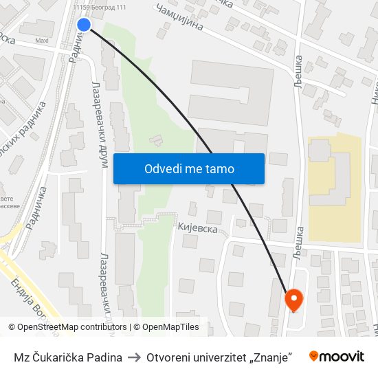 Mz Čukarička Padina to Otvoreni univerzitet „Znanje” map