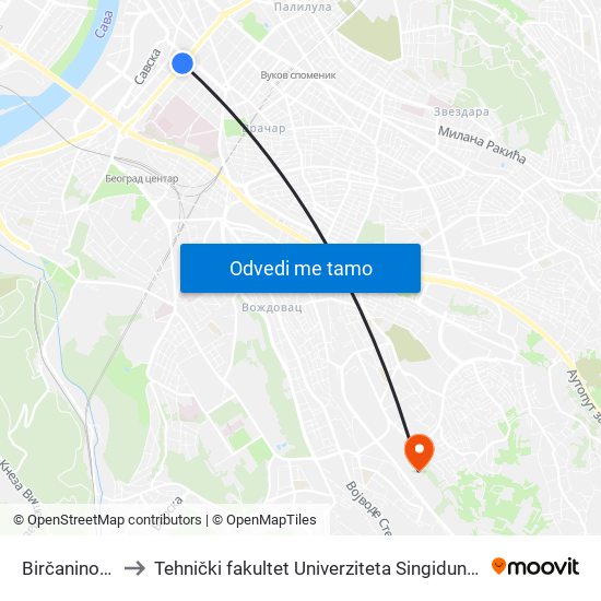 Birčaninova to Tehnički fakultet Univerziteta Singidunum map