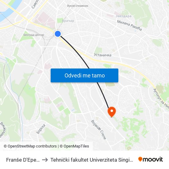 Franše D'Eperea to Tehnički fakultet Univerziteta Singidunum map