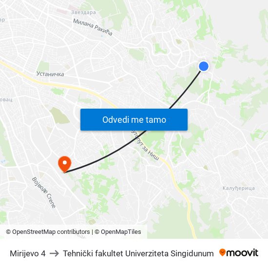 Mirijevo 4 to Tehnički fakultet Univerziteta Singidunum map