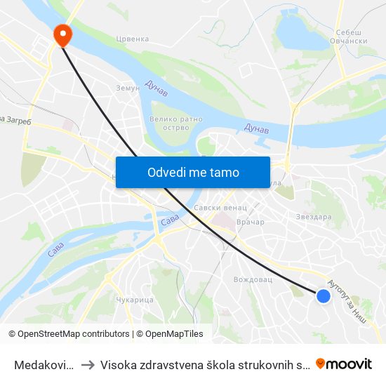 Medaković 3 to Visoka zdravstvena škola strukovnih studija map