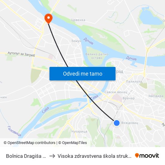 Bolnica Dragiša Mišović to Visoka zdravstvena škola strukovnih studija map