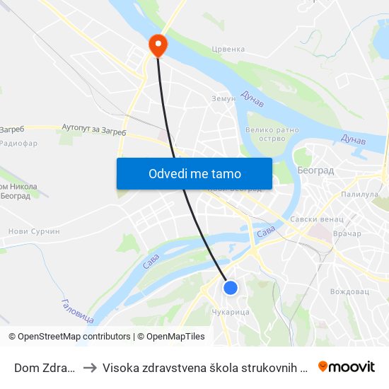 Dom Zdravlja to Visoka zdravstvena škola strukovnih studija map