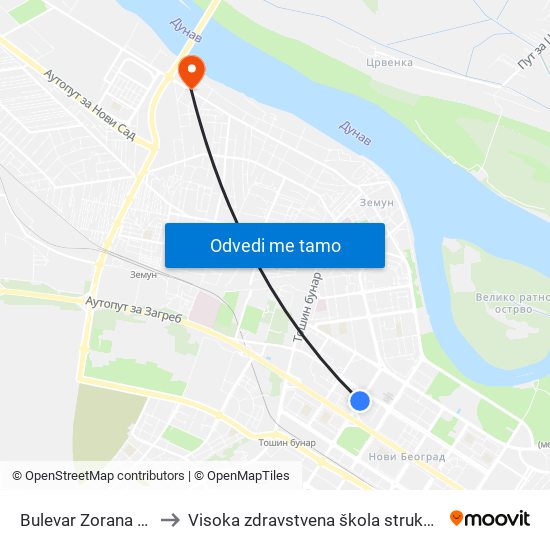 Bulevar Zorana Đinđića to Visoka zdravstvena škola strukovnih studija map