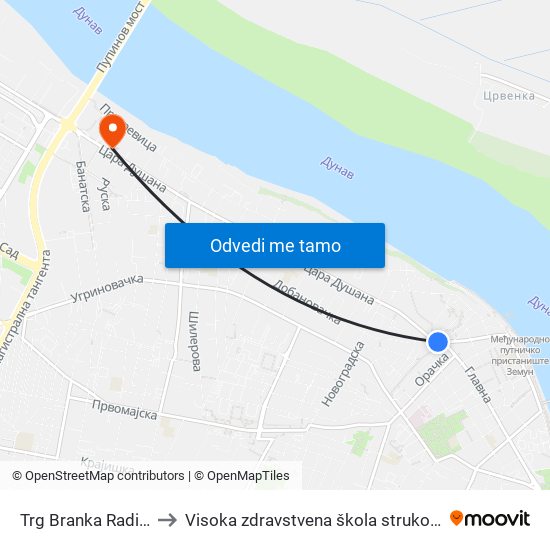 Trg Branka Radičevića to Visoka zdravstvena škola strukovnih studija map