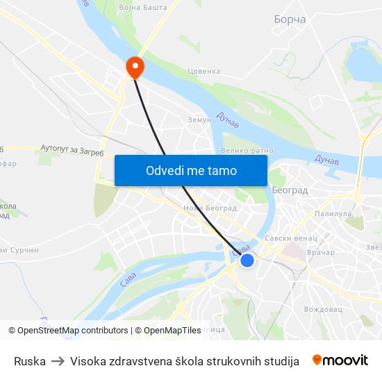 Ruska to Visoka zdravstvena škola strukovnih studija map