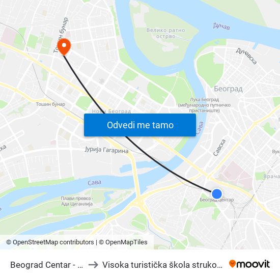Beograd Centar - Prokop to Visoka turistička škola strukovnih studija map