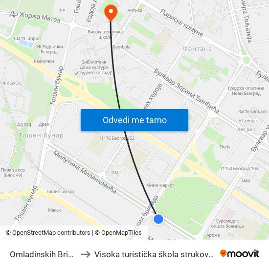 Omladinskih Brigada 1 to Visoka turistička škola strukovnih studija map