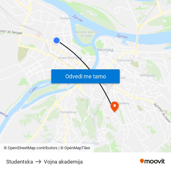 Studentska to Vojna akademija map