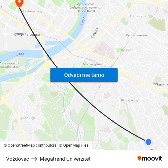 Voždovac to Megatrend Univerzitet map