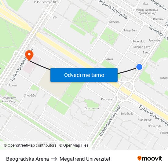 Beogradska Arena to Megatrend Univerzitet map