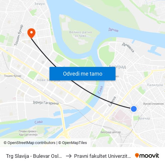 Trg Slavija - Bulevar Oslobođenja to Pravni fakultet Univerziteta Union map