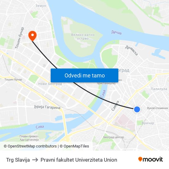 Trg Slavija to Pravni fakultet Univerziteta Union map