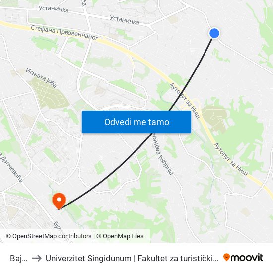 Bajdina to Univerzitet Singidunum | Fakultet za turistički i hotelijerski menadžment map